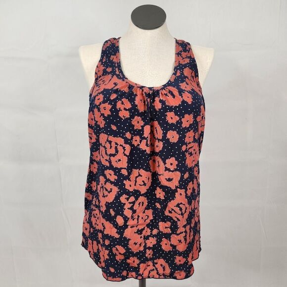 3/$25 Everly Navy Salmon Racerback Ruffle Abstract Floral Tank Top Sz M - Picture 1 of 11